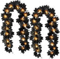 TETOU 2PCS Black Maple Leaf Garland with Warm Lights,5.7Ft Halloween Artificial Hanging Fall Leave Vines for Fall Halloween Party Home Mantle Wall Indoor Outdoor Decoration