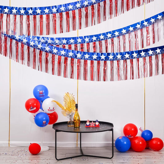 TETOU 2Packs 39 Feet Foil Fringe Garland Tinsel Streamers 4th of July Decorations,Red White and Blue Star Hanging Backdrop Banner Table Skirts for Parade Floats Memorial Day Patriotic Party Decor