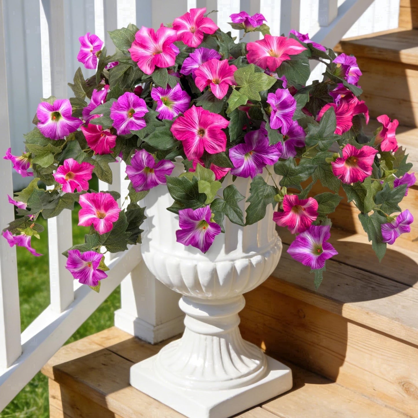 TETOU 2Pcs Artificial Fake Flowers , Faux Petunias Silk Flower UV Resistant No Fade for Spring Home Garden Balcony Yard Porch  Indoor Outdoor Decoration(Purple White)