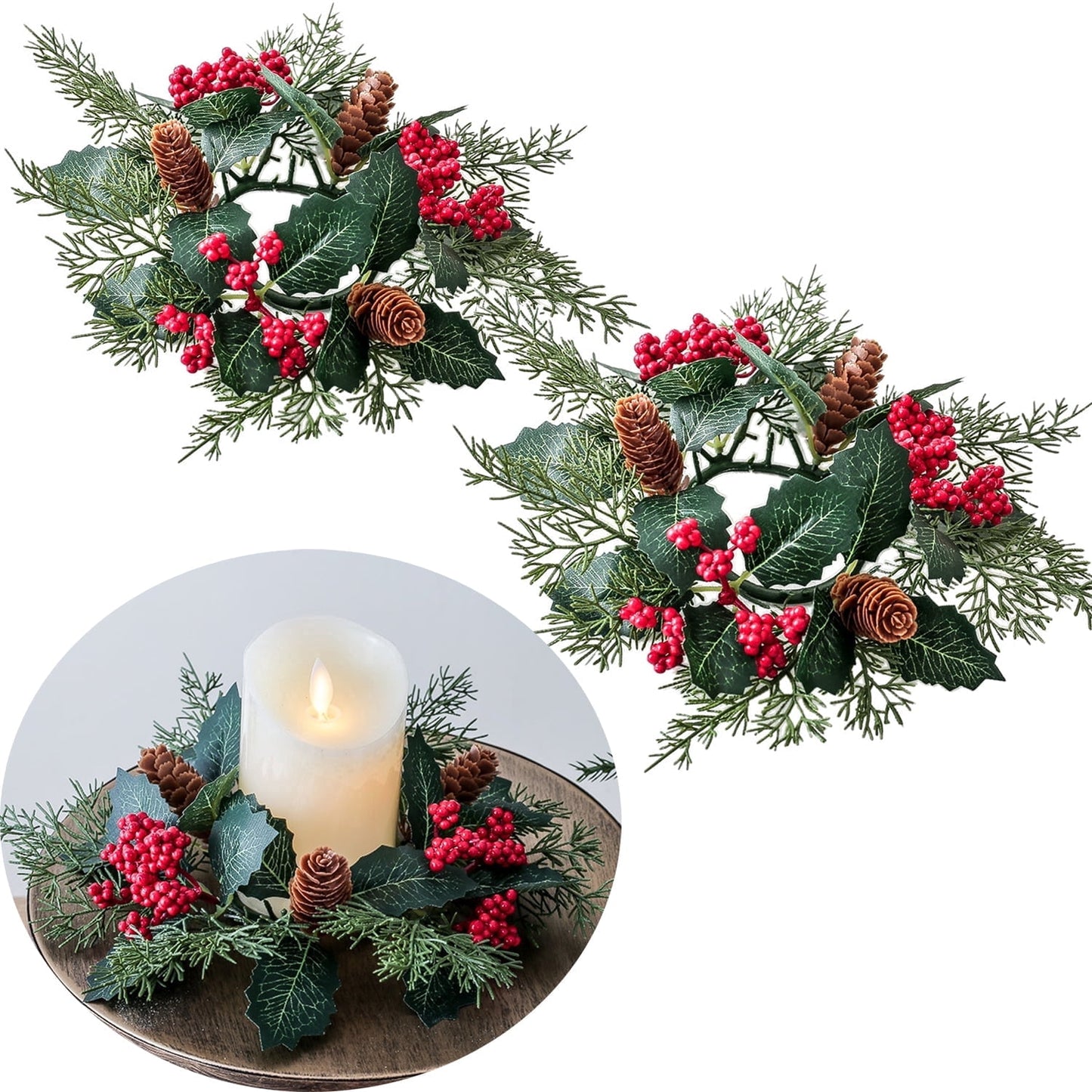 Tetou 2Pcs Christmas Candle Rings Wreath for Pillar Candle Holder, Artificial Christmas Wreath with Pinecones Red Berries for Fall Thanksgiving Home Table Centerpieces, Cabinet Decorations - Red