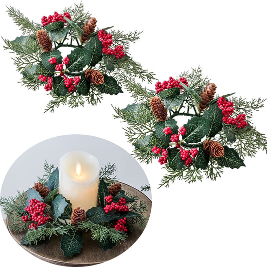 Tetou 2Pcs Christmas Candle Rings Wreath for Pillar Candle Holder, Artificial Christmas Wreath with Pinecones Red Berries for Fall Thanksgiving Home Table Centerpieces, Cabinet Decorations - Red