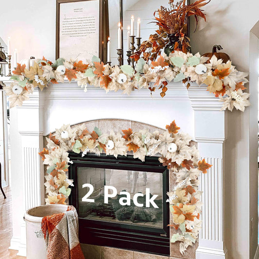 TETOU 2Pcs Fall Garland Maple Leaf, 68.9 Inches/Piece Hanging Vine Garland, Artificial Autumn Leaves Garland Thanksgiving Decor for Home Wedding Fireplace Party Christmas - 3 Colors & Pumpkins