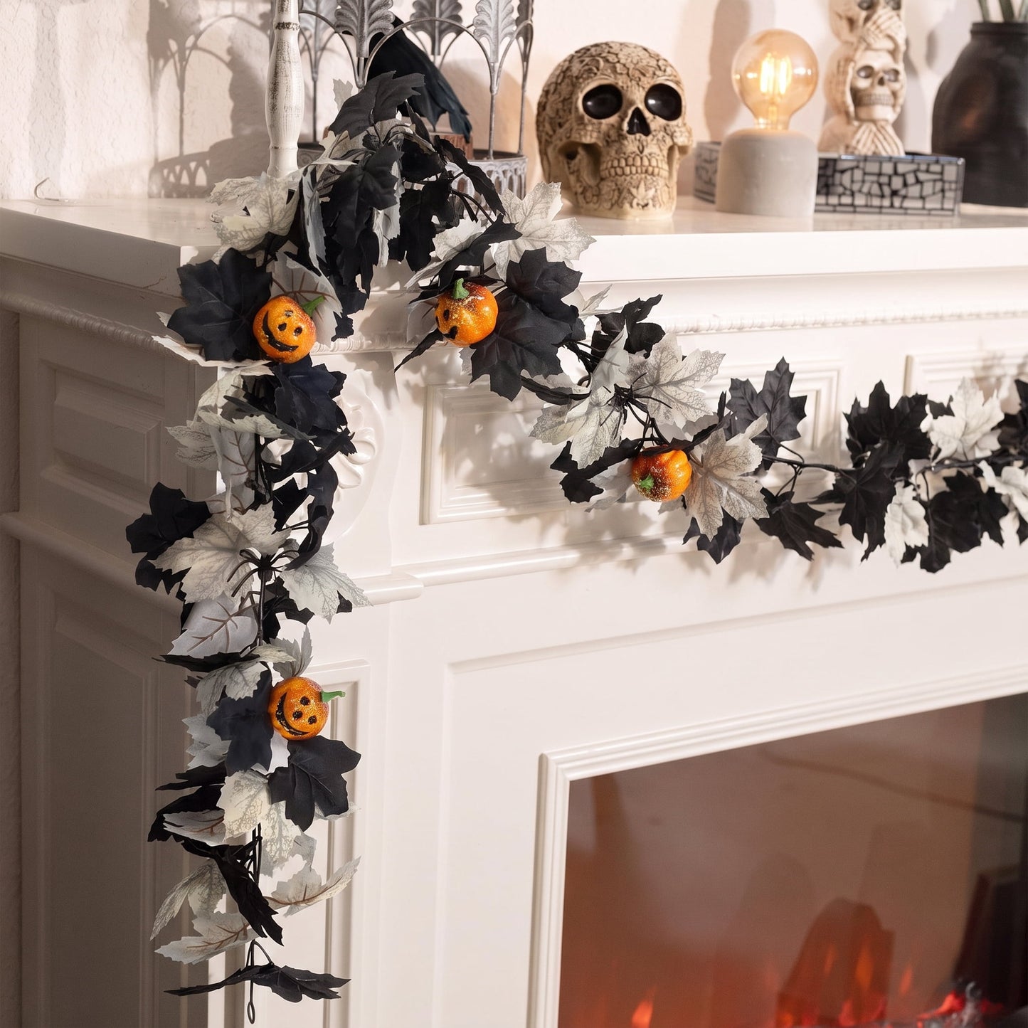 TETOU 2Pcs Fall Halloween Garland, 69" Halloween Pumpkin Maple Leaves Garland for Outdoor Indoor Fall Autumn Halloween Mantle Staircase Porch Party Decoration