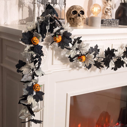 TETOU 2Pcs Fall Halloween Garland, 69" Halloween Pumpkin Maple Leaves Garland for Outdoor Indoor Fall Autumn Halloween Mantle Staircase Porch Party Decoration