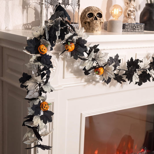 TETOU 2Pcs Fall Halloween Garland, 69" Halloween Pumpkin Maple Leaves Garland for Outdoor Indoor Fall Autumn Halloween Mantle Staircase Porch Party Decoration