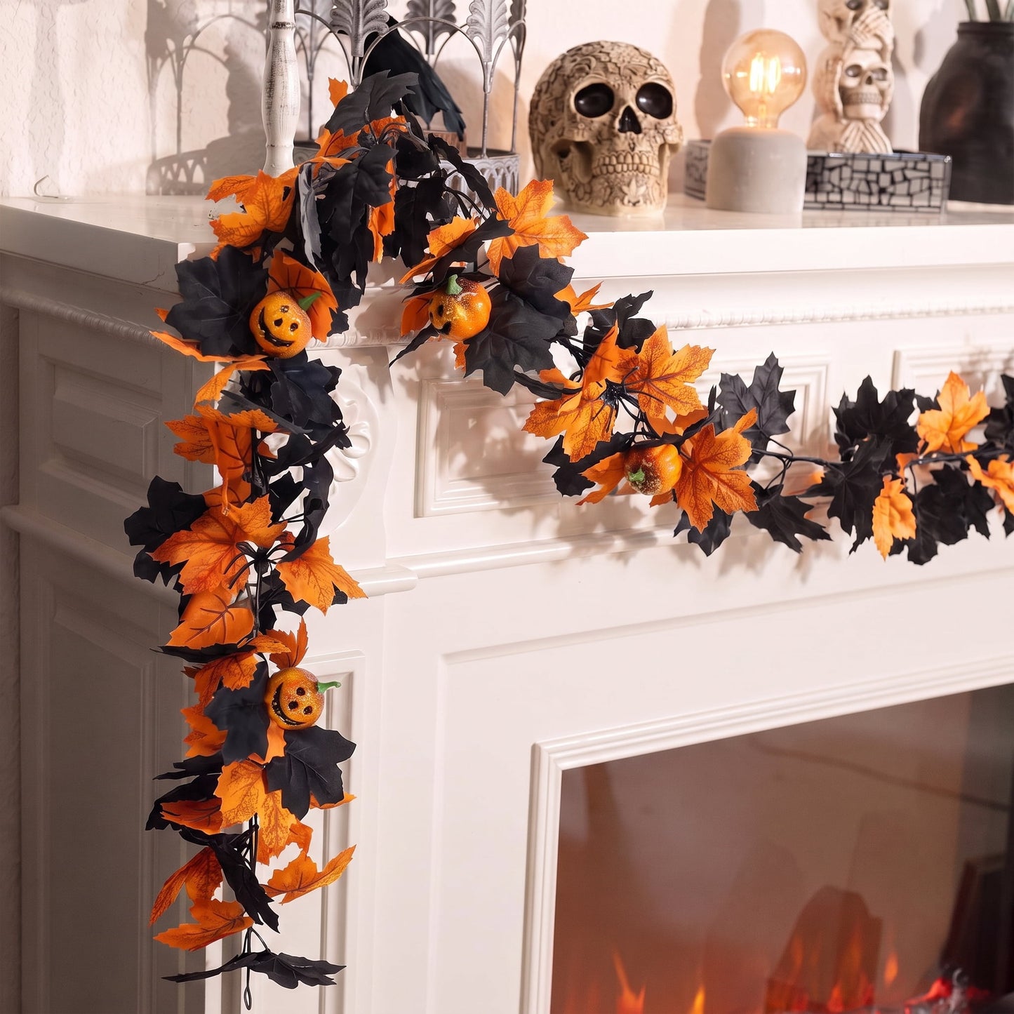 TETOU 2Pcs Fall Halloween Garland, 69" Halloween Pumpkin Maple Leaves Garland for Outdoor Indoor Fall Autumn Halloween Mantle Staircase Porch Party Decoration