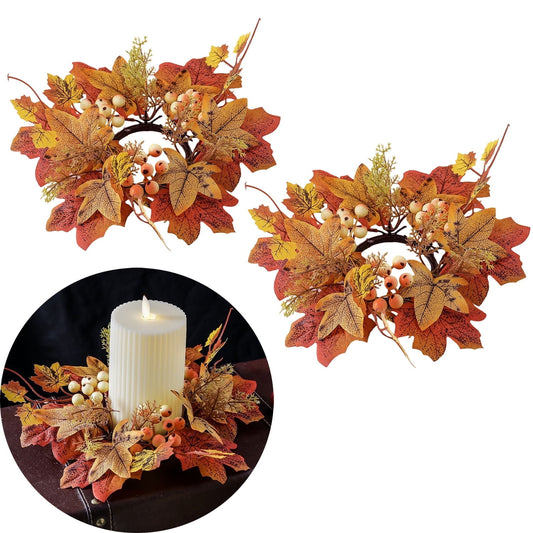 TETOU 2Pcs Artificial Maple Leaves Candle Rings Berry Wreaths for Pillar Candle Holder, Thanksgiving Candle Rings Wreath for Autumn Thanksgiving Wedding Home Door Tabletop Decoration - Orange