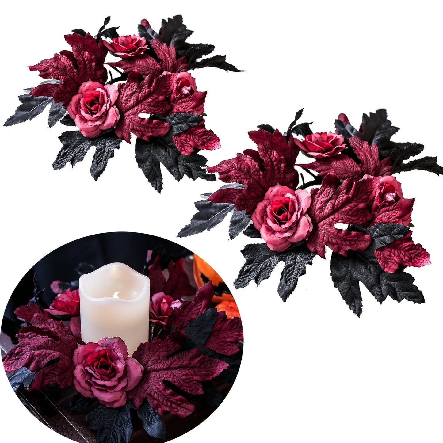 TETOU 2Pcs Artificial Maple Leaves Candle Rings Berry Wreaths for Pillar Candle Holder, Thanksgiving Candle Rings Wreath for Autumn Thanksgiving Wedding Home Door Tabletop Decoration - Orange