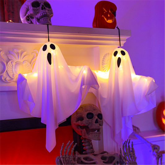 TETOU 2Pcs Halloween LED Hanging Ghosts, 19.68" Cute Glowing Flying Ghost for Halloween Party Front Yard Patio Lawn Garden Holiday Decor - White
