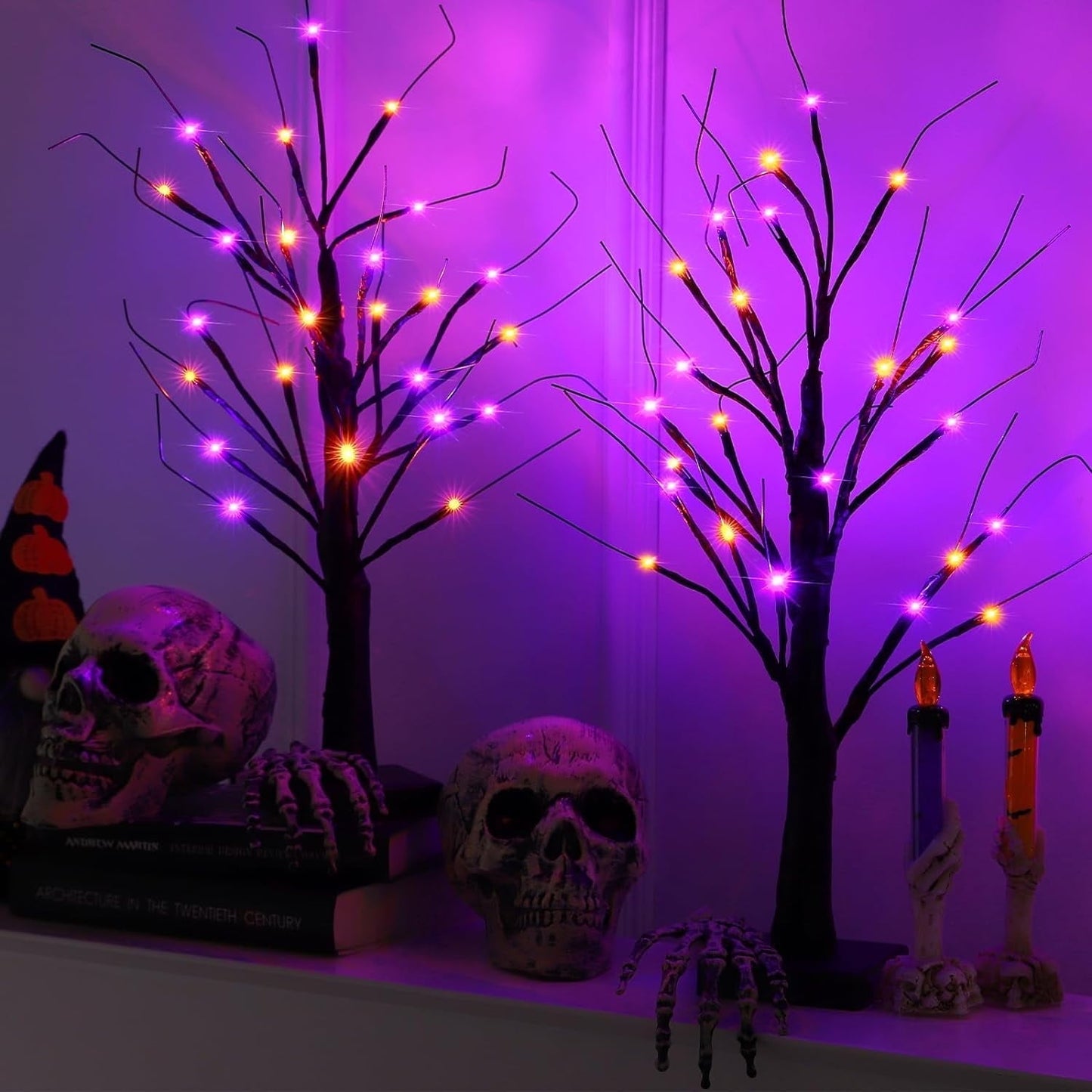 TETOU 2pcs-24'' Halloween Lighted Birches Tree,Total 24 LED Battery Operated Artificial Black Spooky Tree with Timer Halloween Decoration for Fall Home Bedroom Wedding Indoor Party-Orange Purple