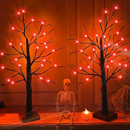 TETOU 2pcs-24inch Halloween Lighted Birches Tree,Total 24 LED Battery Operated Artificial Black Spooky Tree with Timer Hallowe'en Decoration for Fall Home,Bedroom,Office,Wedding,Indoor Party