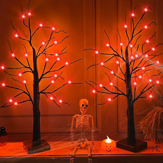 TETOU 2pcs-24inch Halloween Lighted Birches Tree,Total 24 LED Battery Operated Artificial Black Spooky Tree with Timer Hallowe'en Decoration for Fall Home,Bedroom,Office,Wedding,Indoor Party