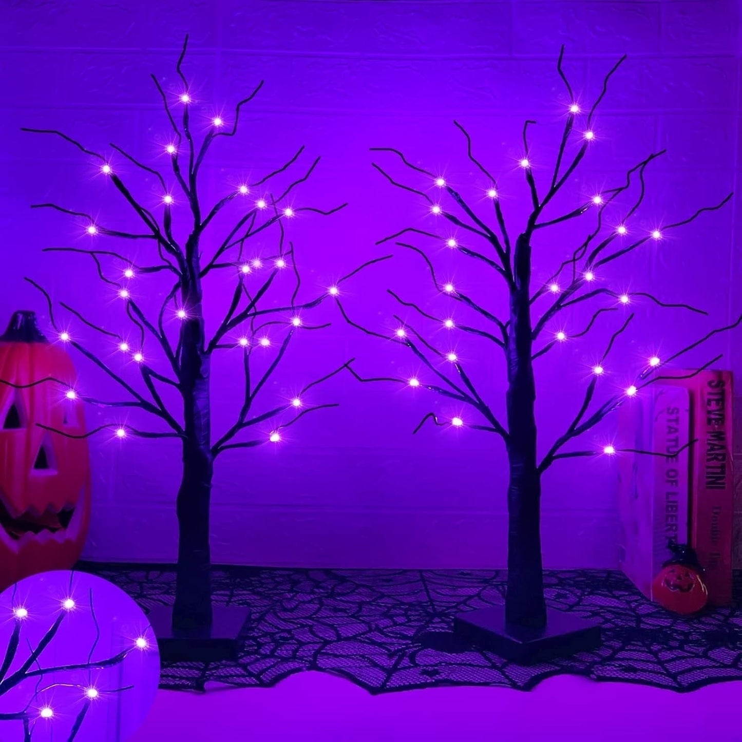 TETOU 2pcs-24inch Halloween Lighted Birches Tree,Total 24 LED Battery Operated Artificial Black Spooky Tree with Timer Hallowe'en Decoration for Fall Home,Bedroom,Office,Wedding,Indoor Party-Purple
