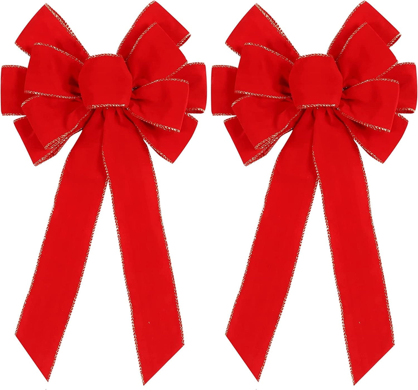 TETOU 2pcs Christmas Red Bows Outdoor Decorations, 11.4 x 19.6 Inch Large Christmas Tree Topper Bow,Velvet Wreath Bow with Glitter Gold Edge for Xmas Wreath Garland Home Fireplace Wedding Party Decor