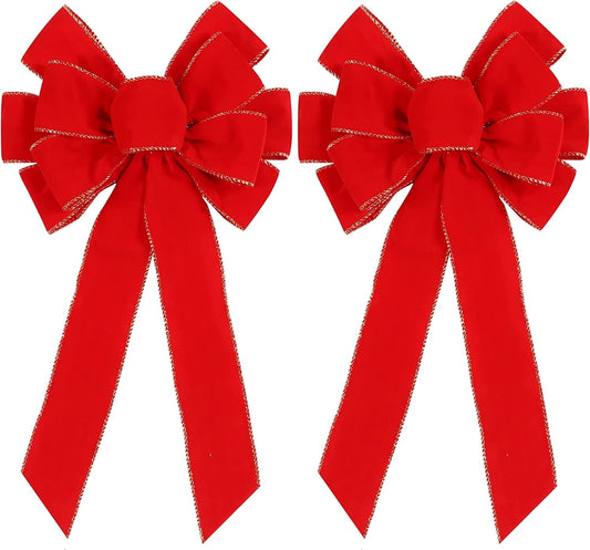 TETOU 2pcs Christmas Red Bows Outdoor Decorations, 11.4 x 19.6 Inch Large Christmas Tree Topper Bow,Velvet Wreath Bow with Glitter Gold Edge for Xmas Wreath Garland Home Fireplace Wedding Party Decor