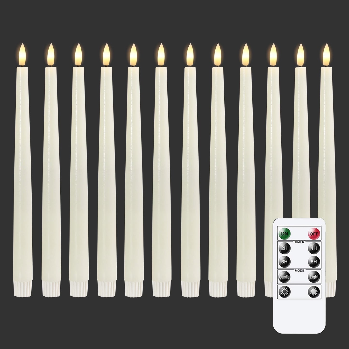 TETOU 12pcs Flameless Ivory Taper Candles, Flickering Ivory Flameless LED Battery Operated Taper Plastic Candles with 10-Key Remote for Christmas Home Wedding Decoration