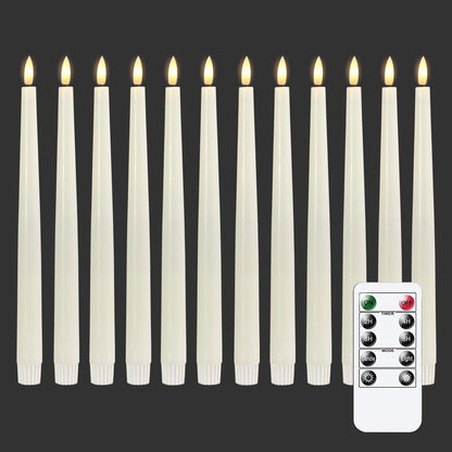 TETOU 12pcs Flameless Ivory Taper Candles, Flickering Ivory Flameless LED Battery Operated Taper Plastic Candles with 10-Key Remote for Christmas Home Wedding Decoration