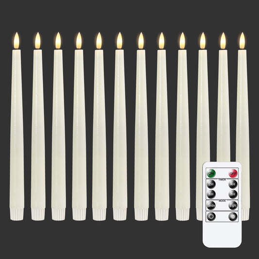 TETOU 12pcs Flameless Ivory Taper Candles, Flickering Ivory Flameless LED Battery Operated Taper Plastic Candles with 10-Key Remote for Christmas Home Wedding Decoration