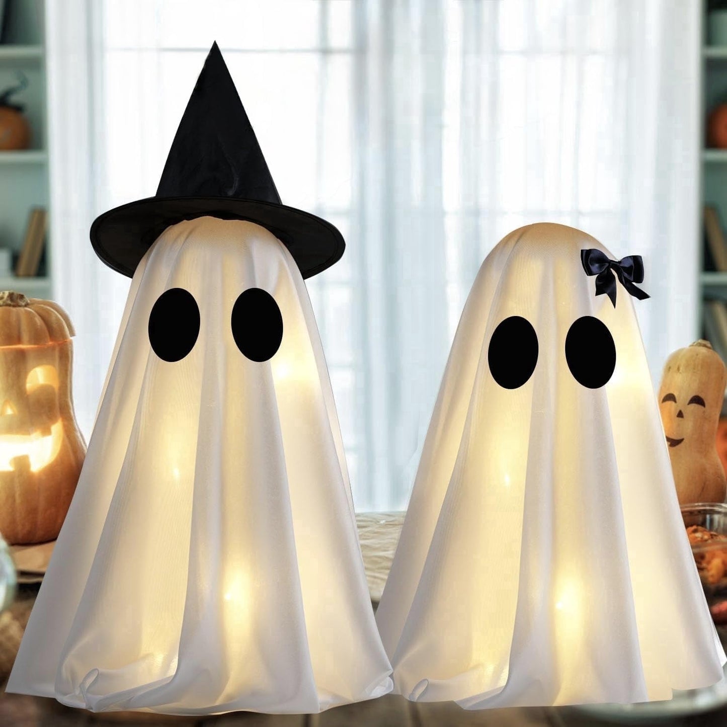 TETOU 2pcs Halloween Scary White Ghost Decor , Light Up DIY Scary White Ghost with Timer for Halloween Indoor Home Tabletop Mantel Decorations