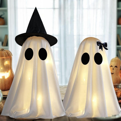 TETOU 2pcs Halloween Scary White Ghost Decor , Light Up DIY Scary White Ghost with Timer for Halloween Indoor Home Tabletop Mantel Decorations