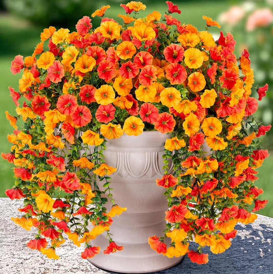 TETOU 2pcs Outdoor Artificial Fake Hanging Flowers, UV Resistant Morning Glory with Eucalyptus Leaves Faux Flowers for Fall Halloween Thanksgiving Outside Porch Yard Garden Decoration(Yellow Orange)