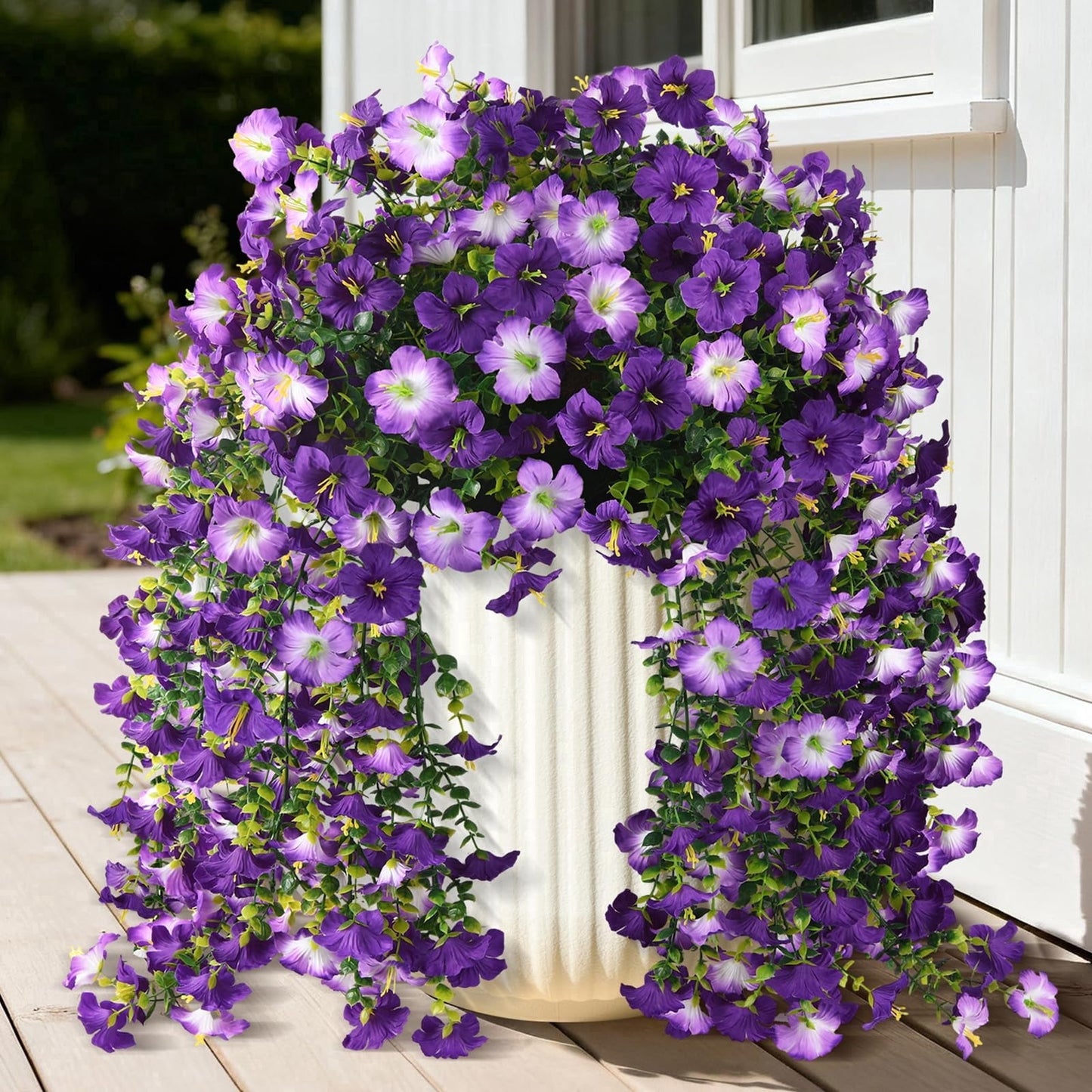 TETOU 2pcs Outdoor Artificial Fake Hanging Flowers, UV Resistant Morning Glory with Eucalyptus Leaves Faux Flowers for Spring Summer Outside Balcony Porch Patio Yard Garden Decoration(Double Purple)