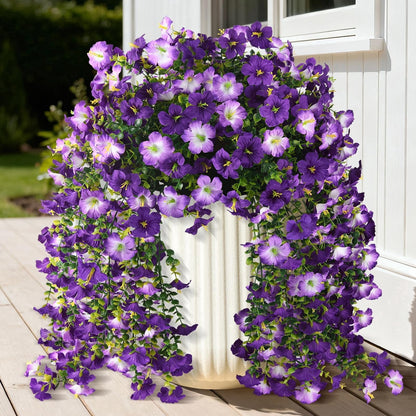 TETOU 2pcs Outdoor Artificial Fake Hanging Flowers, UV Resistant Morning Glory with Eucalyptus Leaves Faux Flowers for Spring Summer Outside Balcony Porch Patio Yard Garden Decoration(Double Purple)