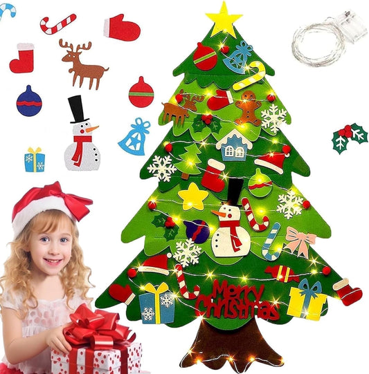 TETOU 3.2Ft Felt Christmas Tree for Toddlers,Felt Xmas Tree Set with String Lights, Christmas Decorations Indoor Wall Hanging Kids Gift
