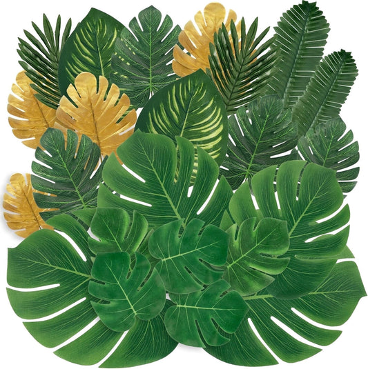 TETOU 30 Pieces 8 Kinds Artificial Tropical Palm Leaves Tropical Leaves Monstera Leaves Safari Jungle Leaf with Stems for Hawaiian Luau Party Beach Table Wedding Shower Birthday Theme Decorations