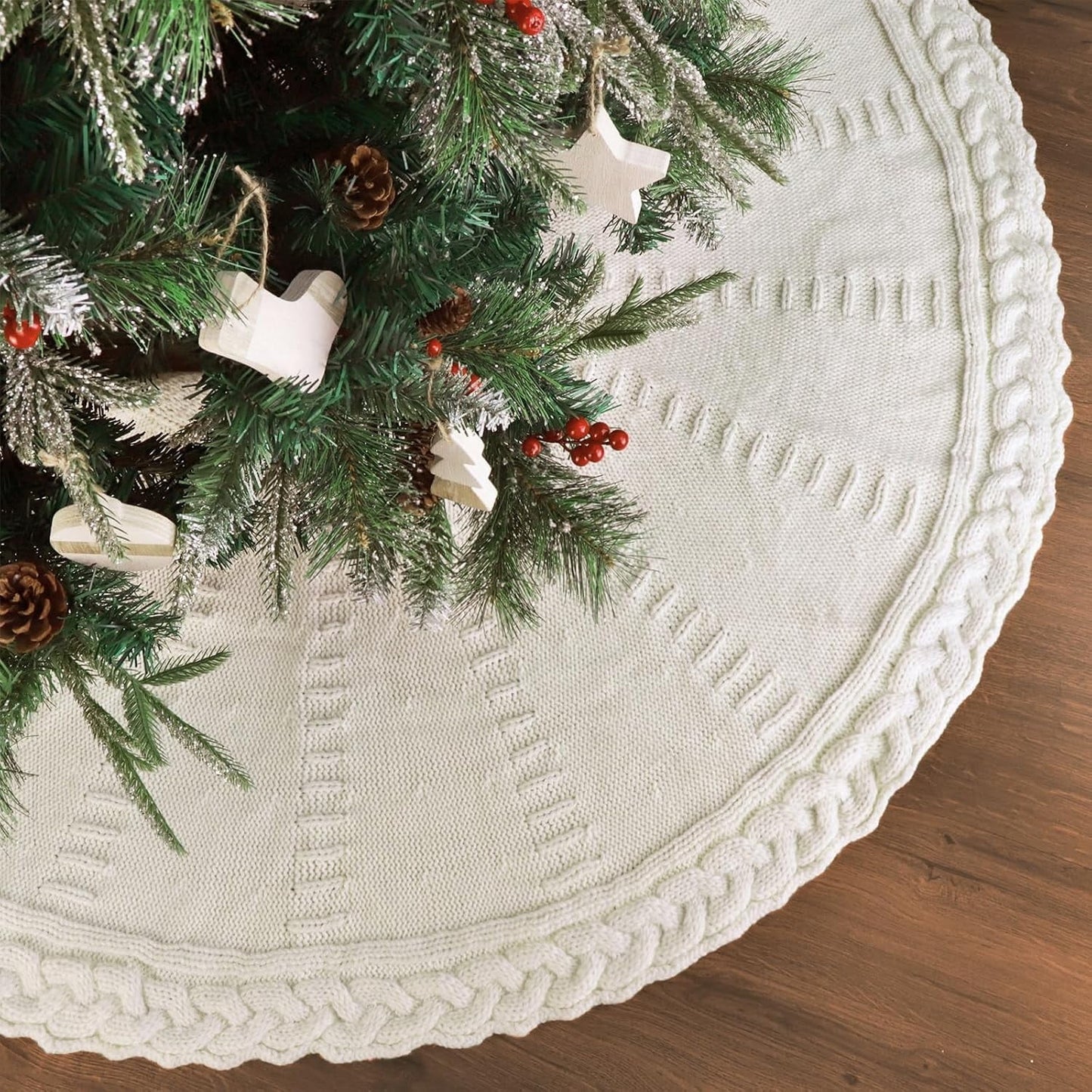 TETOU 36In Knitted Christmas Tree Skirt, Cream White Tree Skirt, Braided Cable Knit Thick Rustic Christmas Tree Decorations, Farmhouse Christmas Decor Xmas Holiday Home Party Decorations