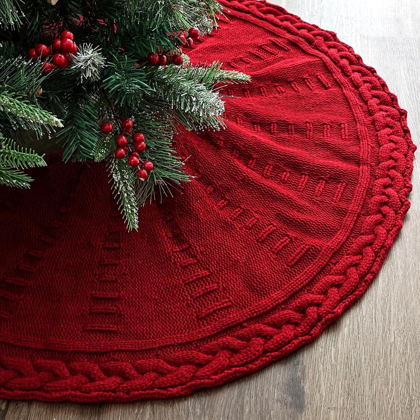 TETOU 36In Knitted Christmas Tree Skirt, Wine Red Tree Skirt, Braided Cable Knit Thick Rustic Christmas Tree Decorations, Farmhouse Christmas Decor Xmas Holiday Home Party Decorations