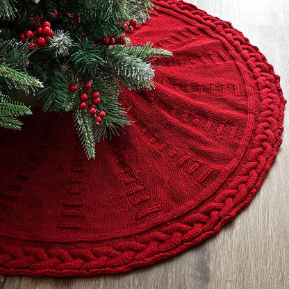TETOU 36In Knitted Christmas Tree Skirt, Wine Red Tree Skirt, Braided Cable Knit Thick Rustic Christmas Tree Decorations, Farmhouse Christmas Decor Xmas Holiday Home Party Decorations