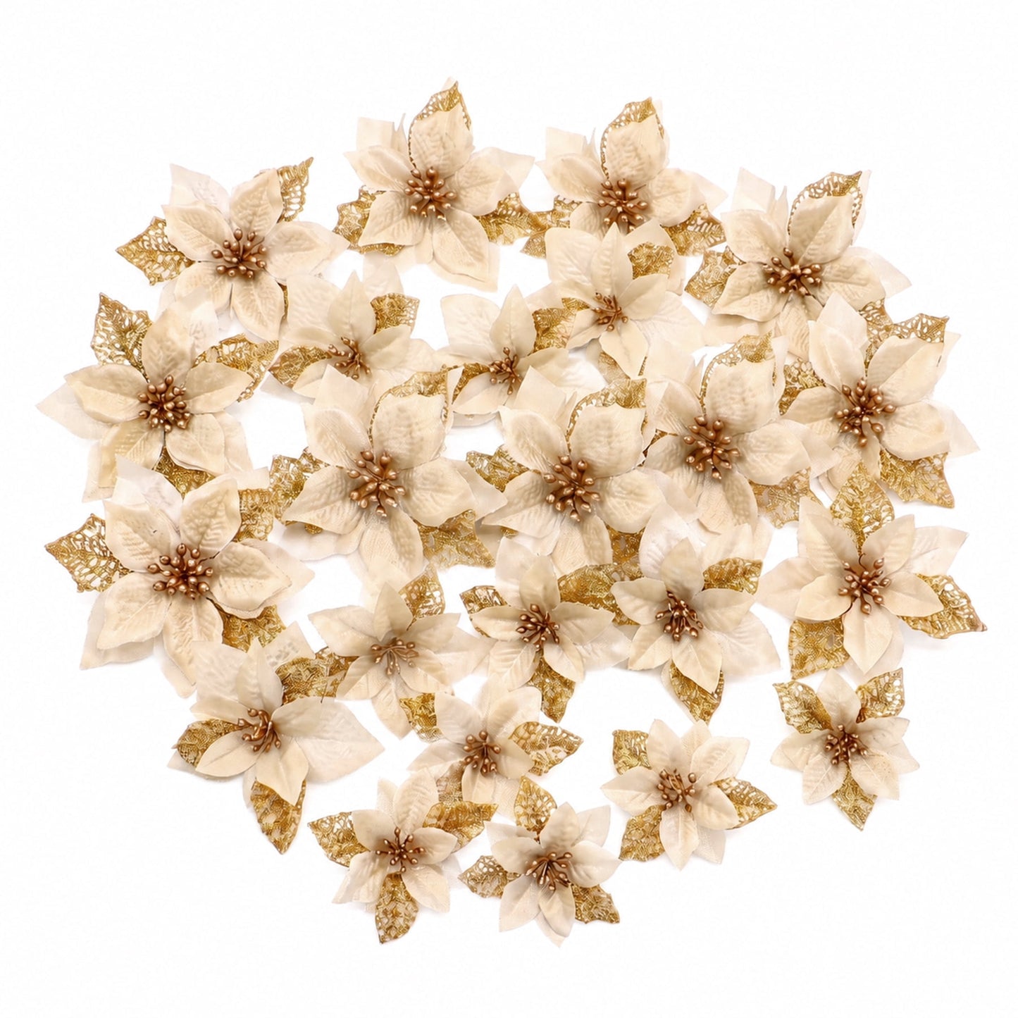 TETOU 36Pcs Gold Christmas Faux Flowers Ornaments, Xmas Artificial Glitter Poinsettia Flowers for Wedding New Year Christmas Tree Wreath Garland Decorations