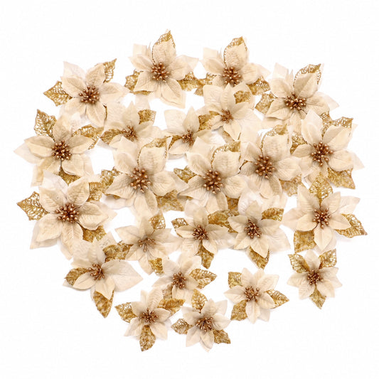 TETOU 36Pcs Gold Christmas Faux Flowers Ornaments, Xmas Artificial Glitter Poinsettia Flowers for Wedding New Year Christmas Tree Wreath Garland Decorations