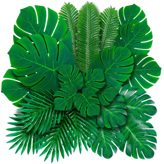 TETOU 36Pcs Palm Leaves Artificial Tropical Monstera, 6 Kinds Large Small Green Fake Palm Leaf with Stems for Home Kitchen Party Flowers Arrangement Wedding Hawaiian Party Table Decoration