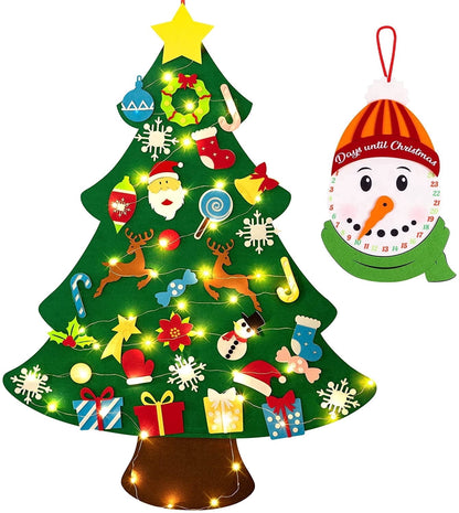TETOU 3Ft DIY Felt Christmas Tree Set, 32 Ornaments Felt Xmas Tree Set with Led String Light Snowman Advent Calendar for Christmas Kids Gift Indoor Wall Hanging Decorations