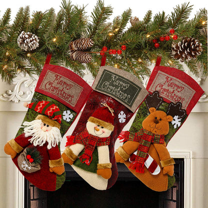 TETOU 3Pcs 18'' Christmas Stocking 3D Plush Santa, Snowman, Elk Xmas Character Classic Large Stockings for Family Kids Holiday Christmas Party Decorations