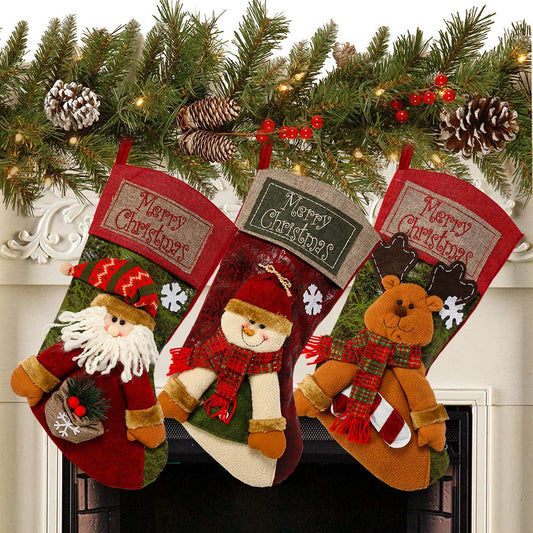 TETOU 3Pcs 18'' Christmas Stocking 3D Plush Santa, Snowman, Elk Xmas Character Classic Large Stockings for Family Kids Holiday Christmas Party Decorations