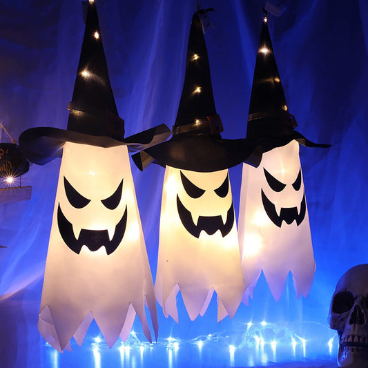 TETOU 3Pcs 31.5" Upgrade Hallowe'en Decoration Hanging Gypsophila Ghost, Light up LED Witch Hat for Outdoor Tree Garden Home Decor - Warm Light