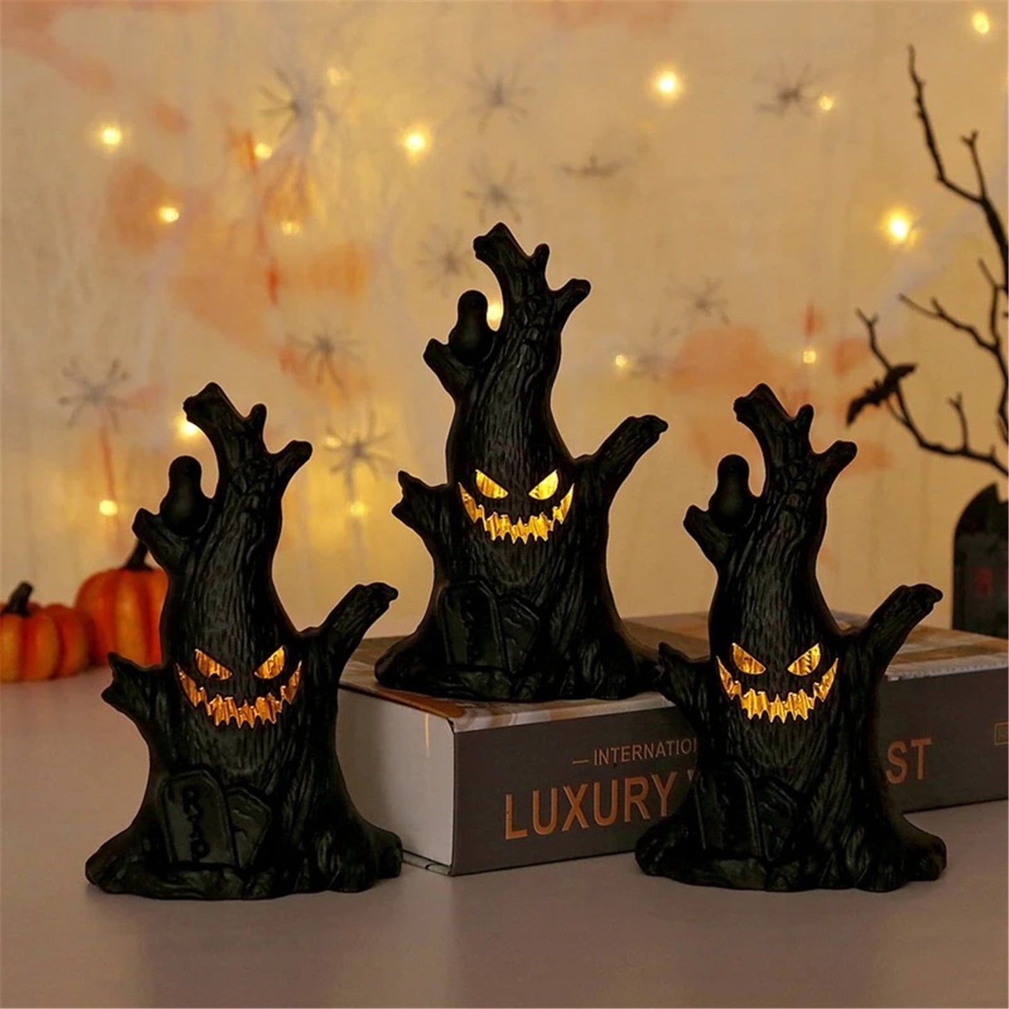 TETOU 3Pcs Halloween Ghost Tree Stump Light, Halloween Flameless LED Candle Holder Lights Battery Operated for Hallowe'en Party Table Home Spooky Decor - Black(Warm Light)