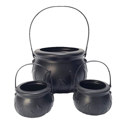 TETOU 3Pcs Mini Candy Cauldron Kettles, Plastic Hallowe'en Candy Bucket Witch's Cauldron Trick or Treat for St. Patrick's Day Hallowe'en Decoration and Kid Birthday Party Favors - Flame, Black, 1L+2S