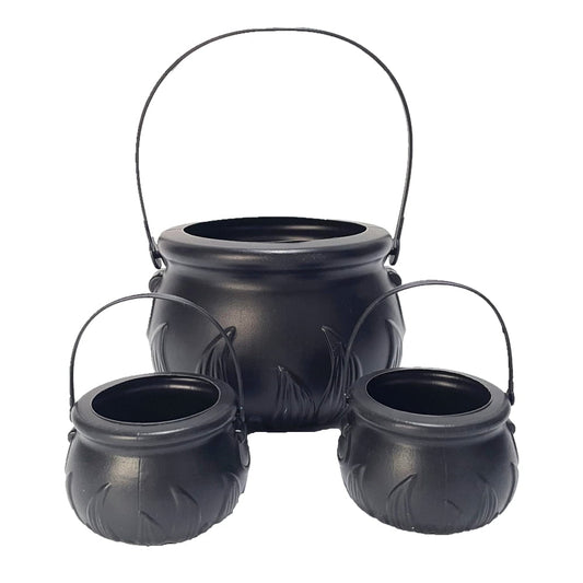 TETOU 3Pcs Mini Candy Cauldron Kettles, Plastic Hallowe'en Candy Bucket Witch's Cauldron Trick or Treat for St. Patrick's Day Hallowe'en Decoration and Kid Birthday Party Favors - Flame, Black, 1L+2S