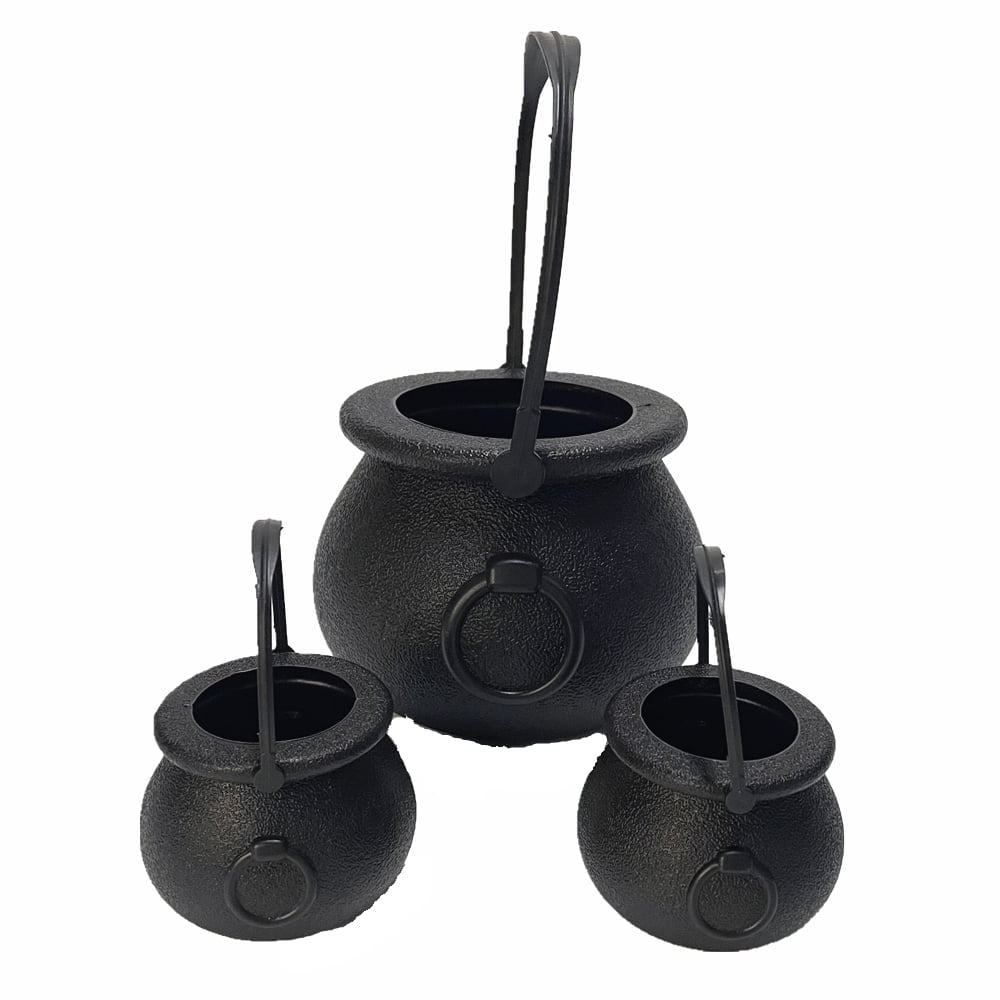 TETOU 3Pcs Mini Candy Cauldron Kettles, Plastic Hallowe'en Candy Bucket Witch's Cauldron Trick or Treat for St. Patrick's Day Hallowe'en Decoration and Kid Birthday Party Favors - Flame, Black, 1L+2S