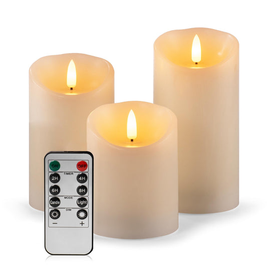 TETOU 3pcs LED Flameless Candles Outdoor Battery Fake Plastic Pillar Candles with Remote Control Ivory White