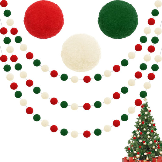 TETOU 3pk Christmas Pom Pom Garland Red Green White  Hanging Felt Ball String Banner Xmas Birthday Party Supplies