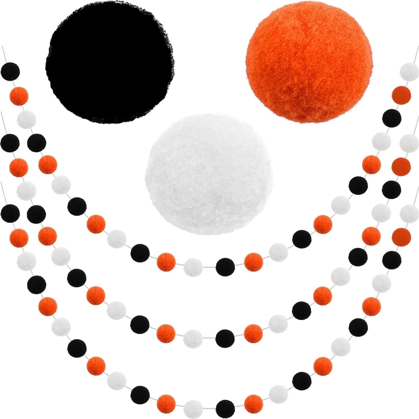 TETOU 3 Pack Pom Pom Orange Black White Halloween Garland,Ornament String Banner Felt Ball Garland Halloween Thanksgiving Party Decor