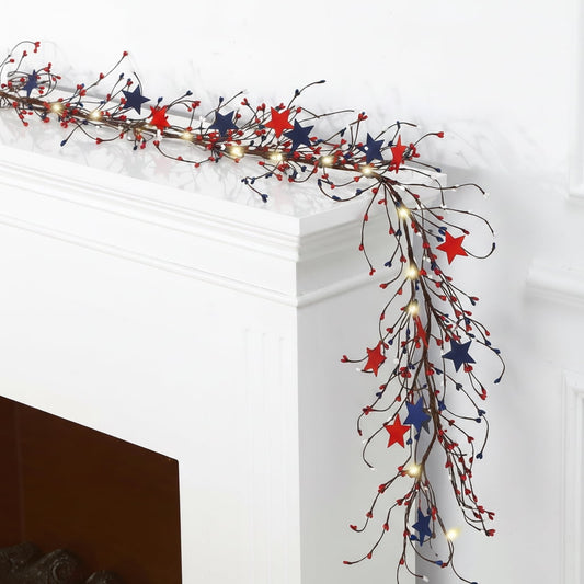 TETOU 4.5ft 4th of July Garland,Independence Day Memorial Day Flag for Home Table Mantel Decor with Fairy Lights ,Red White and Blue Pentagram Embellished Branches Patriotic Garland