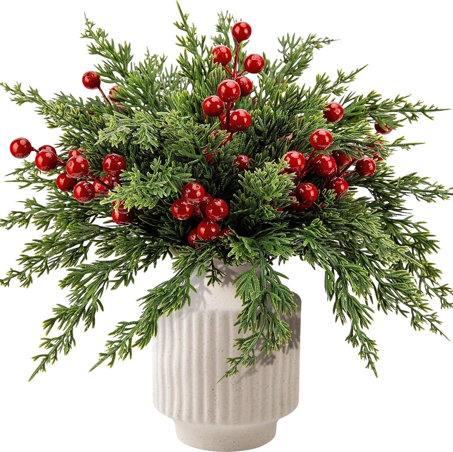 TETOU 45pcs Christmas Artificial Pine Branches & Artificial Red Berry Stems, Norfolk Pine Needles Picks for DIY Christmas Decoration Xmas Garland Fake Greenery Decor Indoor