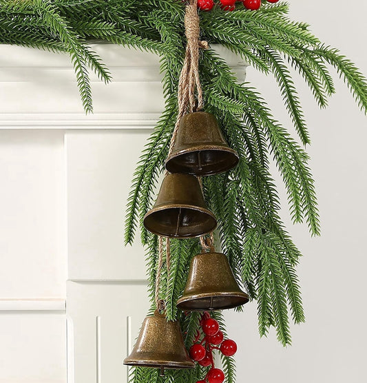 TETOU Set of 4 Christmas Metal Bells,Gold Vintage Bells with Hanging Rope for Christmas Tree Weddings Parties Doors Staircase Windows Garland Wreaths Decoration