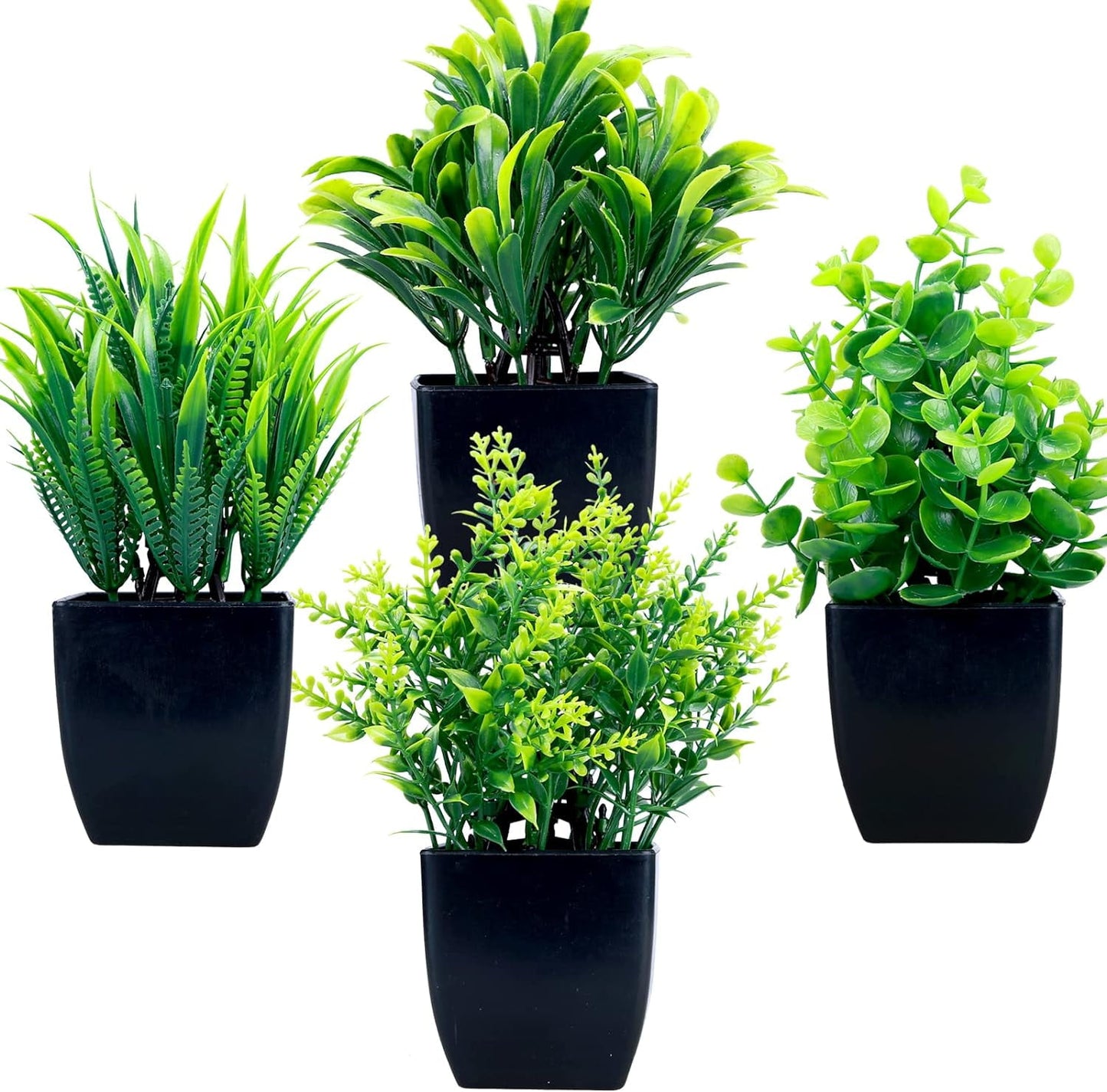 TETOU 4Pcs Fake Plants in Black Pot, Mini Artificial Eucalyptus Potted Plant Small Faux Grass Greenery Potted Plants for Indoor Home Office Farmhouse Bathroom Table Decoration